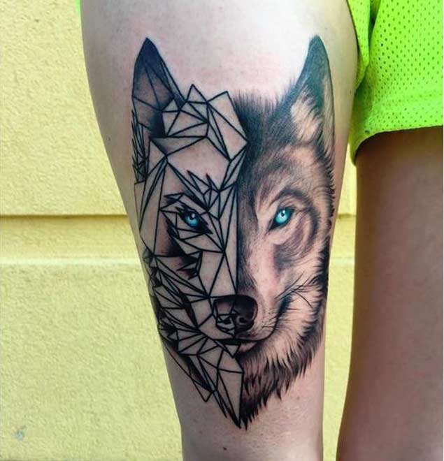 Tatuagem feminina de lobo geométrica 2021