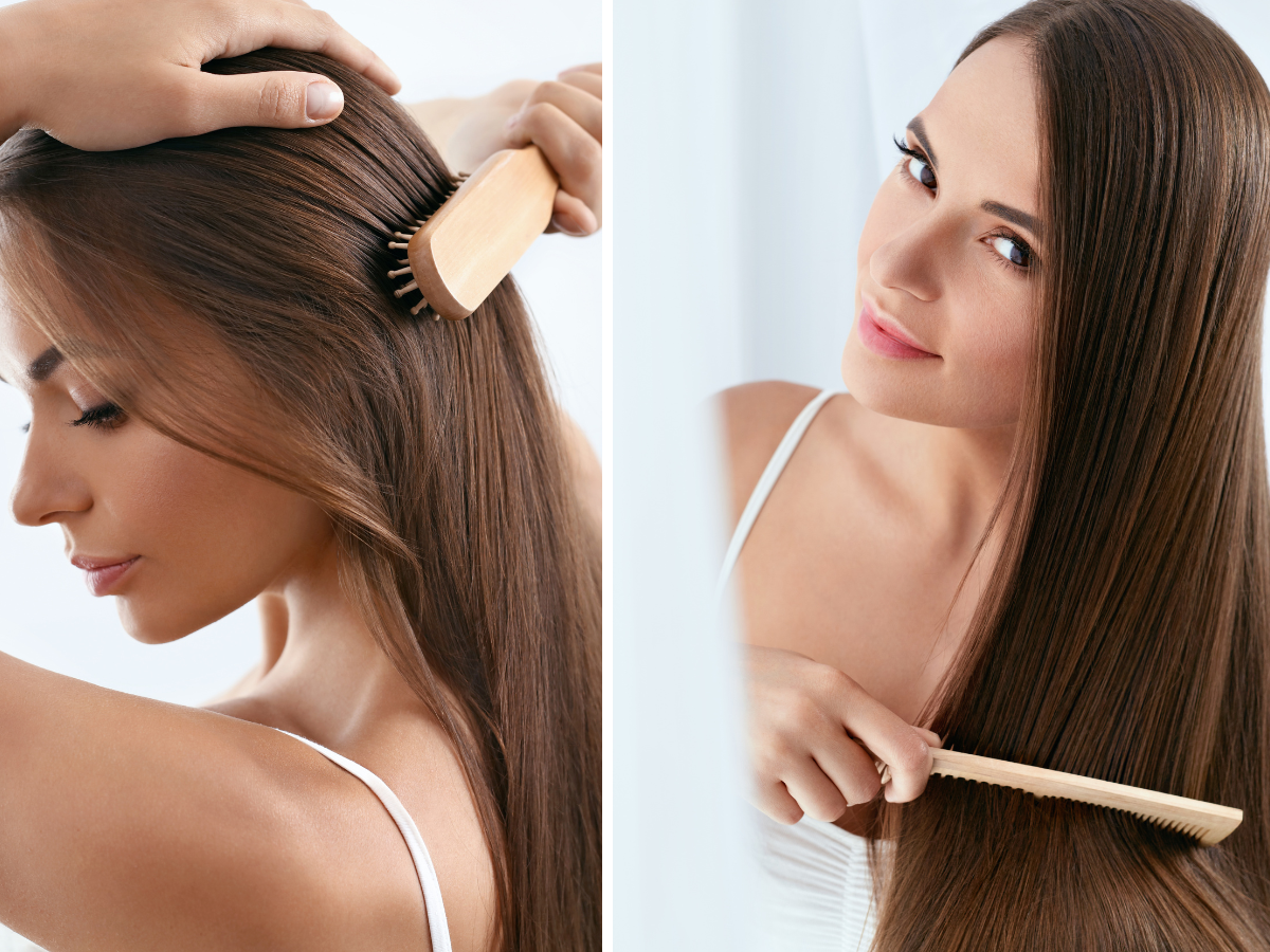 mulheres penteando os cabelos com pente marrom. 