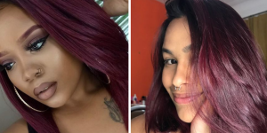 Cabelo Marsala. Foto traz duas mulheres. Uma mulher de cor morena e outra branca, ambas com cor de cabelo marsala.