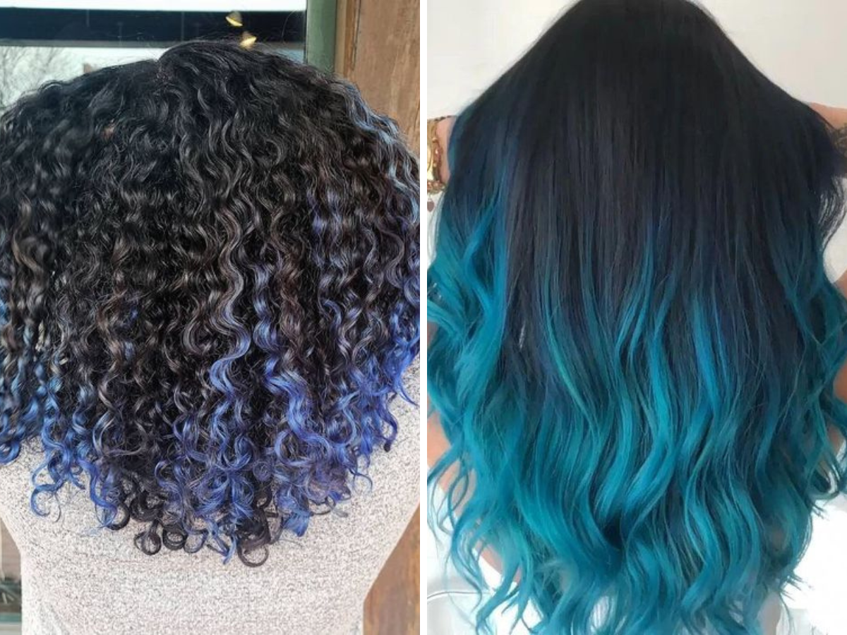 Cabelo azul nas pontas. Foto traz dois tipos de cabelo. O do lado esquerdo traz um cabelo preto com cachos e um azul mais escuro nas pontas. A foto do lado direito traz um cabelo liso preto com pontas azuis mais claras.