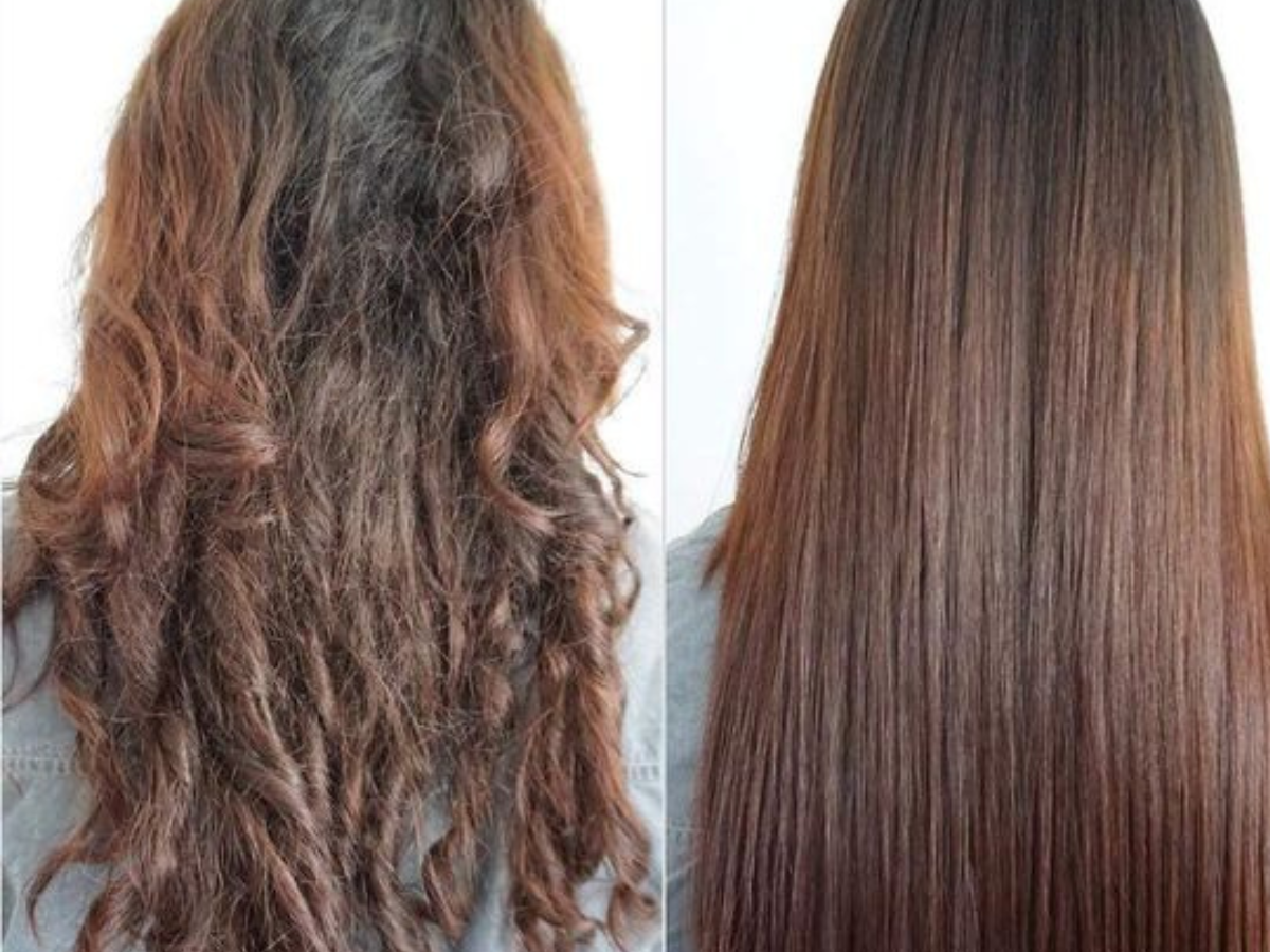 Comparativos do Botox Capilar. A foto mostra um cabelo danificado de cor castanha e outro cabelo tratado, mais liso e brilhoso