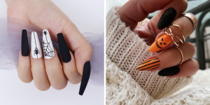 Unhas decoradas com símbolos do Halloween.