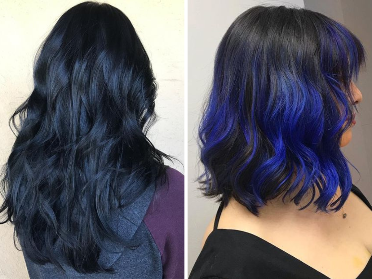 Cabelo preto Azulado. Foto mostra duas mulheres com cabelo preto, sendo a da esquerda com azul em todo o cabelo e a da direito com cor a azul nas pontas do cabelo. As duas estão viradas de costas e de lado