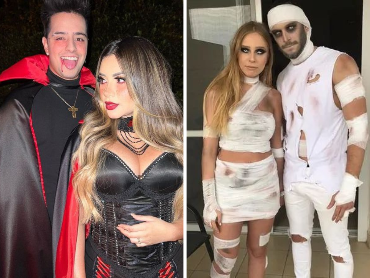 fantasias de halloween para casal. Foto mostra dois casais, sendo um deles vestidos de vampiros e outro de múmia.