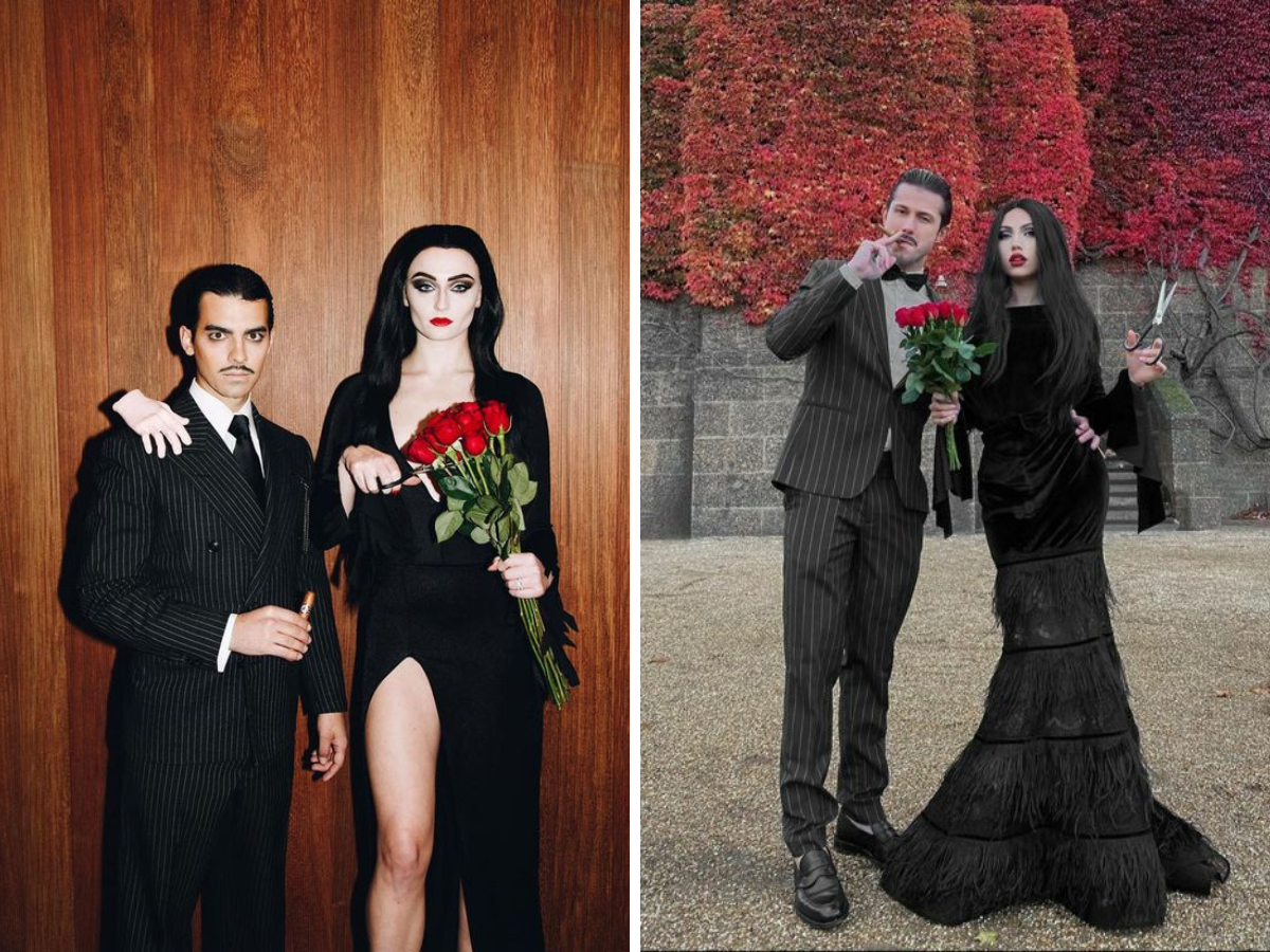 casal fantasiado de Mortícia e Gomez Addams