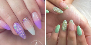 ideias lindas de unhas acrílicas. Foto mostra duas mãos com esmalte violeta e verde.