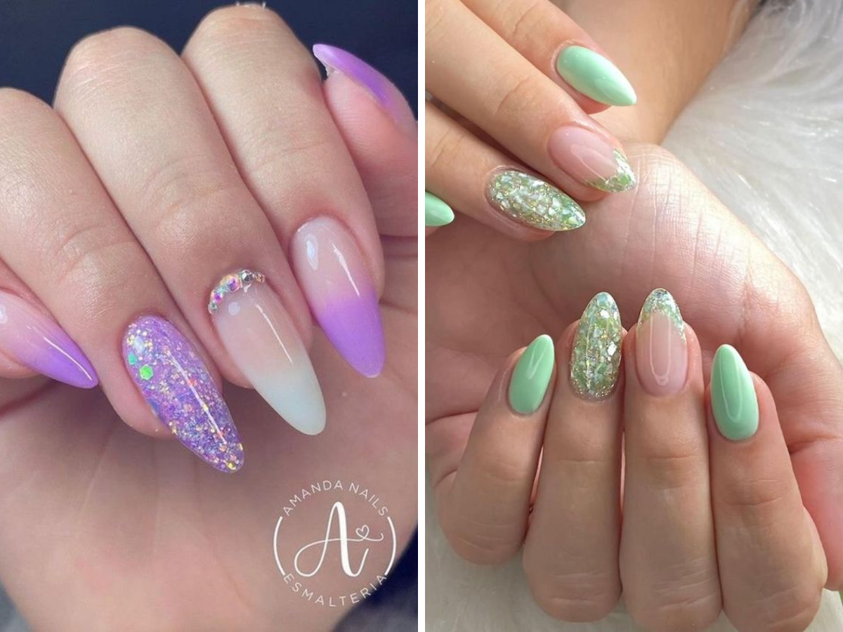 ideias lindas de unhas acrílicas. Foto mostra duas mãos com esmalte violeta e verde.