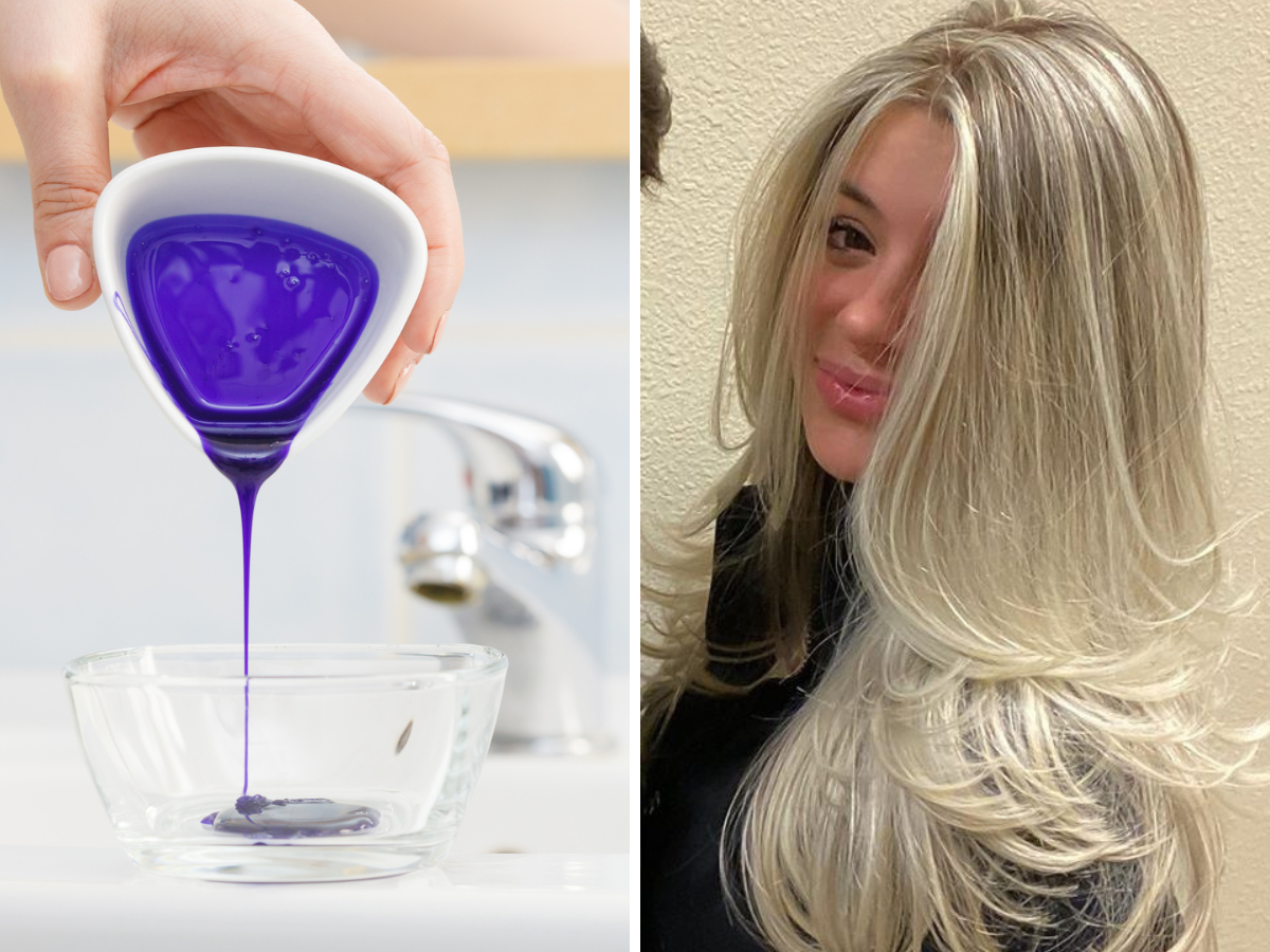 melhor matizador para cabelo loiro. Foto mostra um líquido roxo sendo despejado em um pote de vidro transparante, assim como uma mulher branca de cabelos loiros.