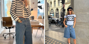 tendência Jorts. Foto mostra duas mulheres com uma bermuda longa, abaixo do joelho e tecido jeans. Uma delas tem uma camiseta de manga comprida branca e listras pretas e a outra camiseta branca com desenhos e chapéu preto. Uma usa o celular para tirar a foto, a outra posa para a foto na rua.