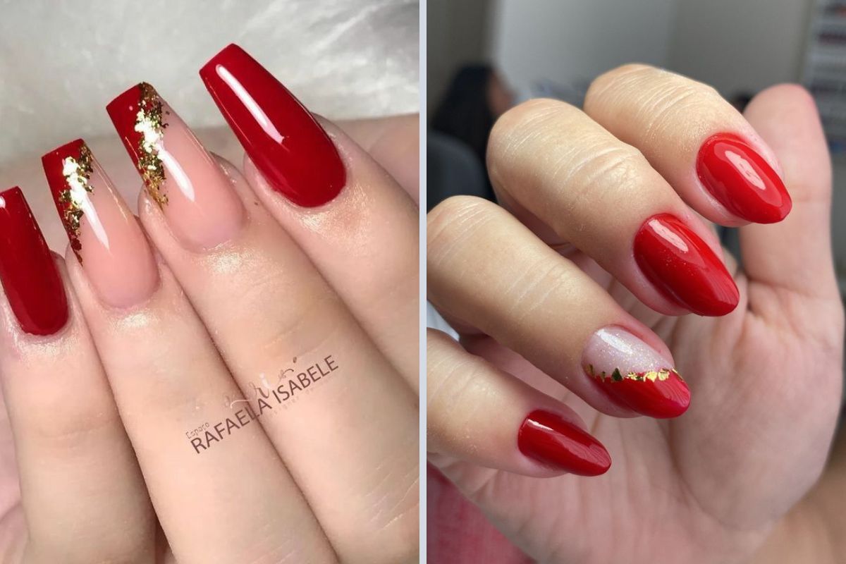 unhas decoração vermelha com dourado