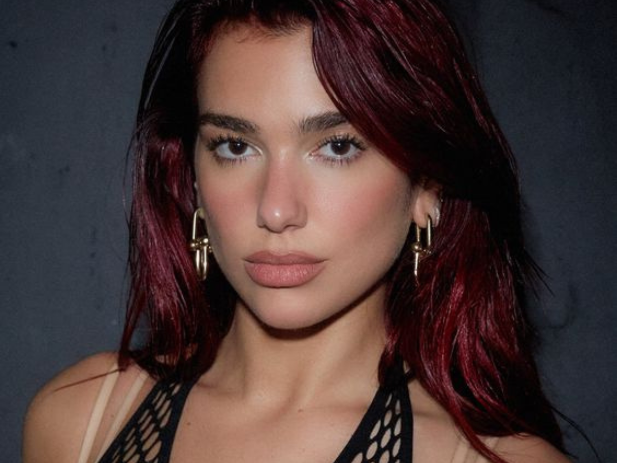 Cor do cabelo da Dua Lipa. Foto traz a cantora dua lipa com cabelos ruivos avermelhados