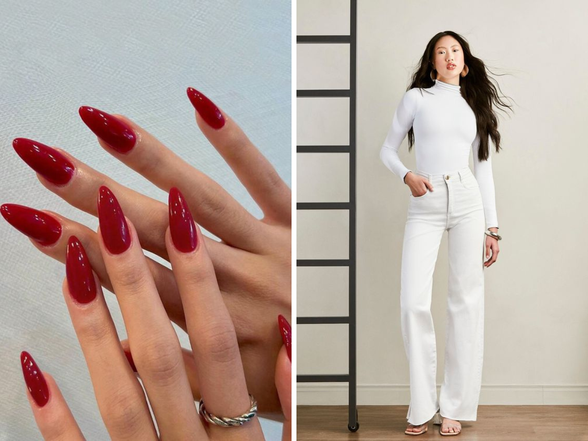 Esmalte vermelho com jeans branco