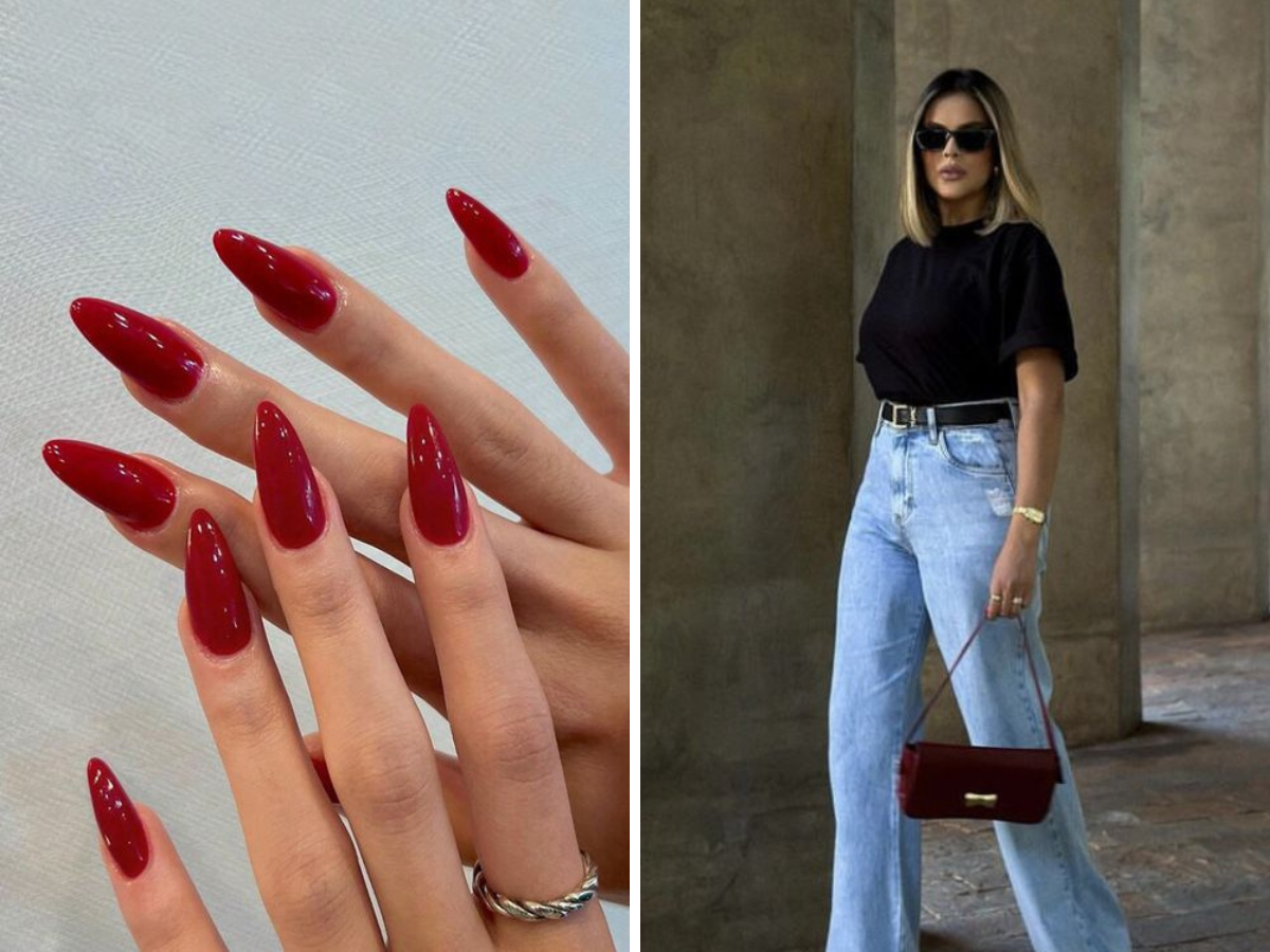 Esmalte vermelho com jeans