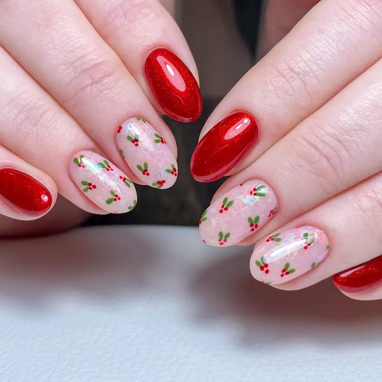 Unhas decoradas natal vermelho e azevinho