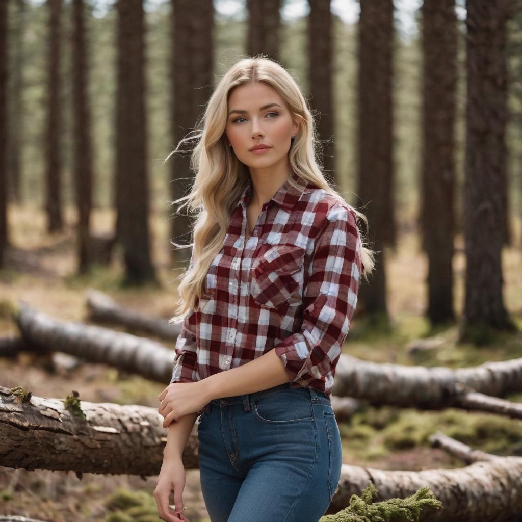 mulher com camisa de lenhador e jeans